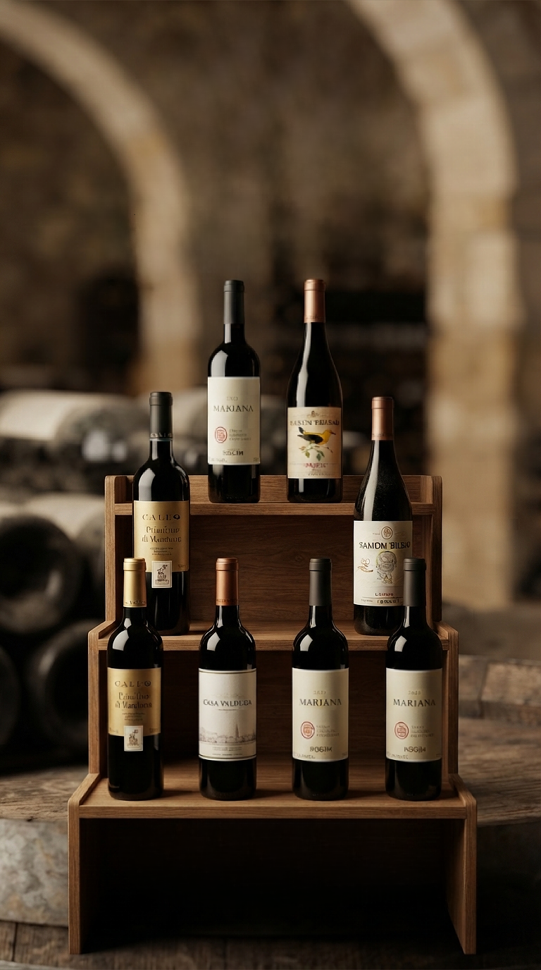 Prateleiras da Adega Garcia com vinhos selecionados